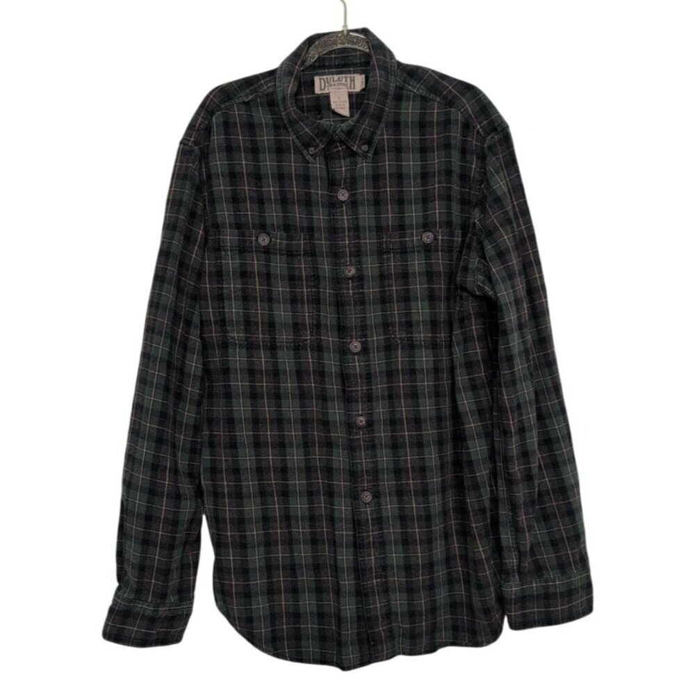 Duluth Trading Co Plaid Flannel Shirt Mens Size Large Green Trim Fit Button Down